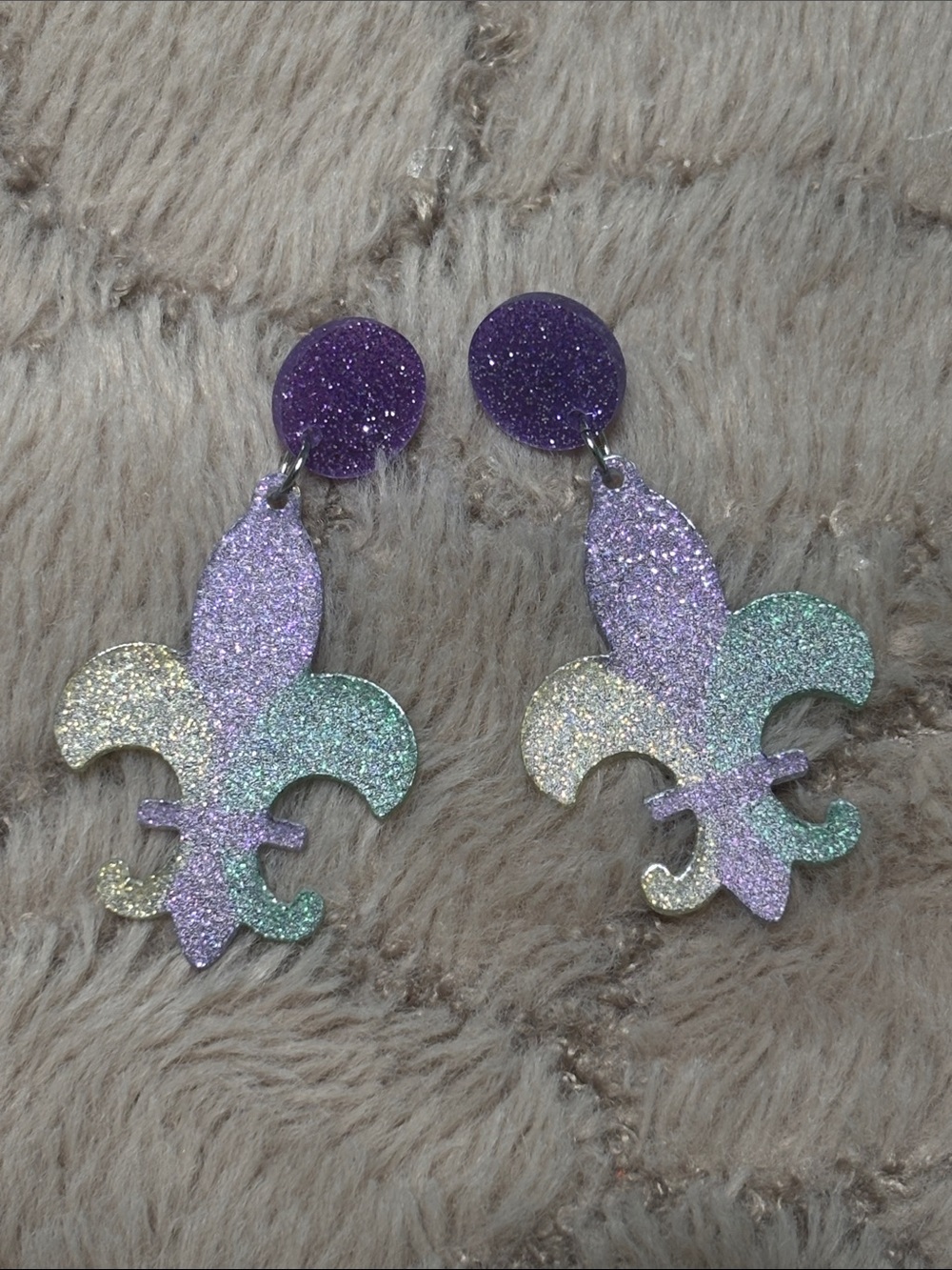 Mardi Gras Glitter Fleur-de-Lis Dangle Earrings in Purple, Teal & Gold
